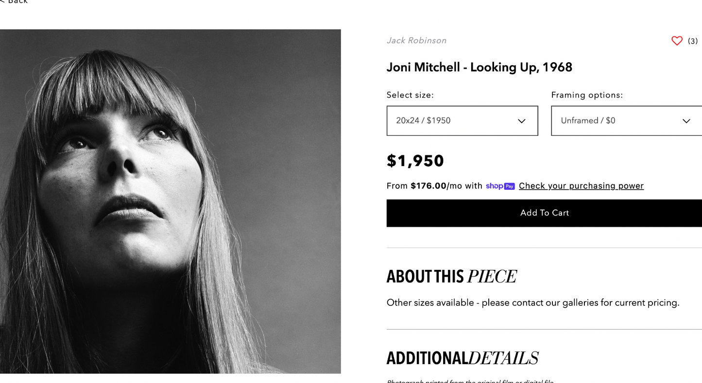 Joni Mitchell "Looking Up" 1968 Jack Robinson VOGUE Photo Print Lg Framed 44.5"