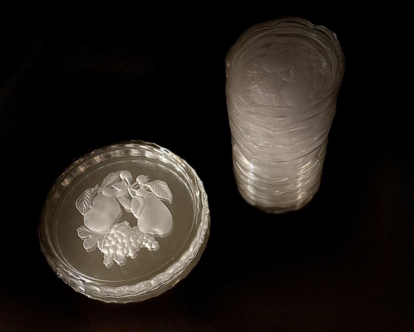 Val St Lambert Brussels Intaglio Crystal Coaster7 Pc Set For 6 Glass + 1 Bottle