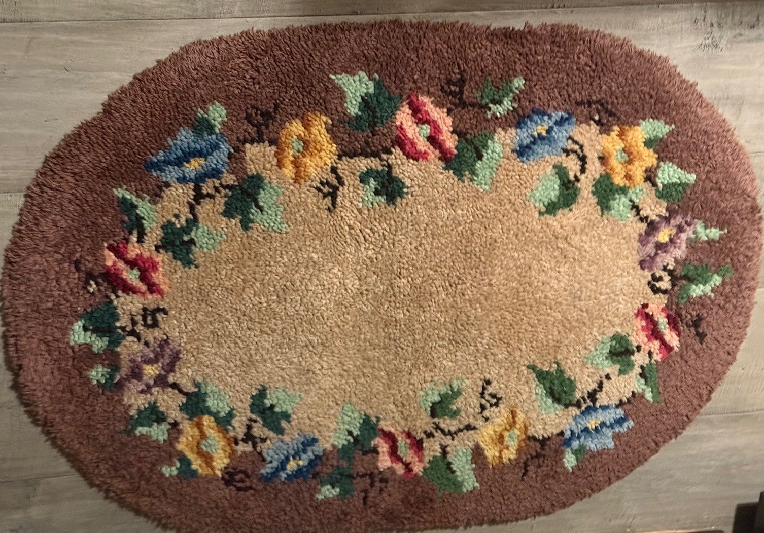 Vtg 1971 Handmade Hooked Rug | Approx. 27x37" Oval Floral Folk Art Accent Mat