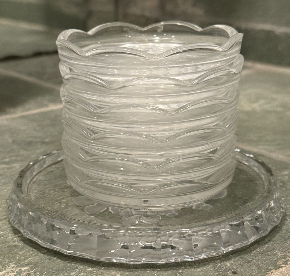 Val St Lambert Brussels Intaglio Crystal Coaster7 Pc Set  For 6 Glass + 1 Bottle