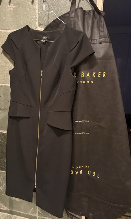 Ted Baker Architectural Pencil Dress Black Cocktail Sheath Gold Zip US 10 Size 4