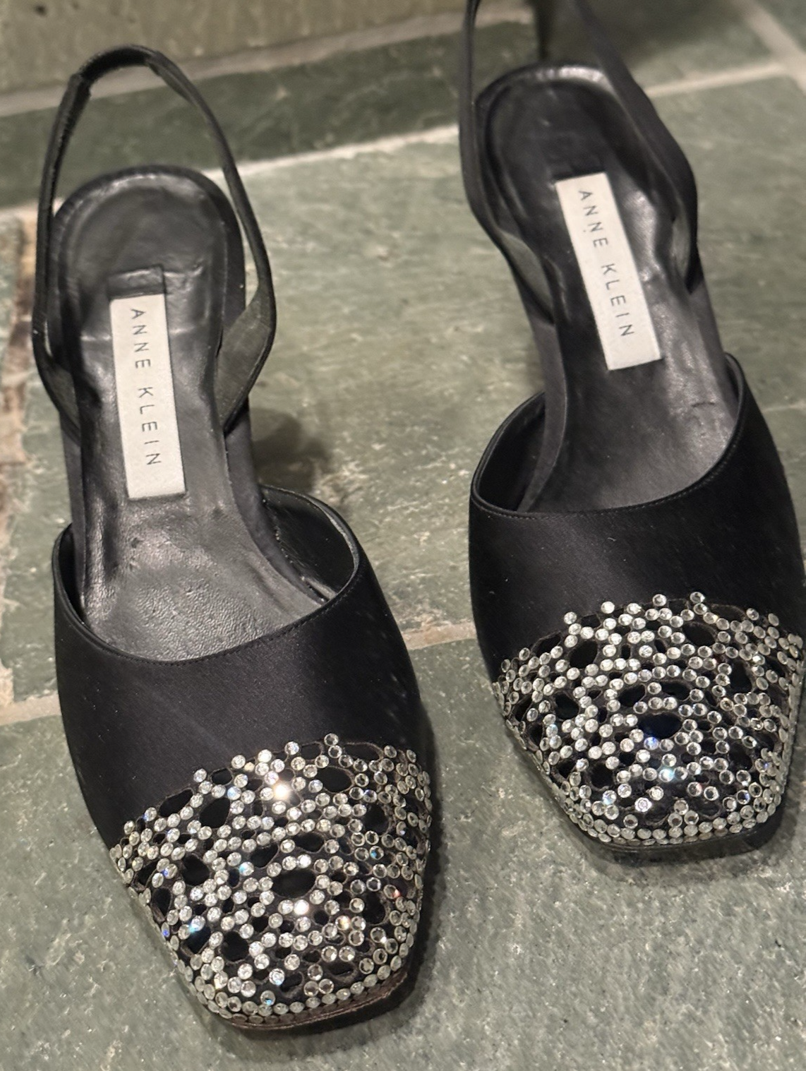 Womens Black Satin Crystal Slingback Heels Size 8 New Year Partu  Formal