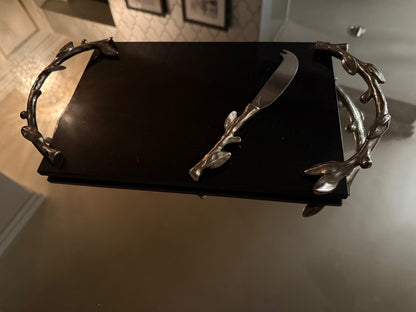 Vintage Arthur Court Black Marble Cheese Board Tray Leaves Silver Handles