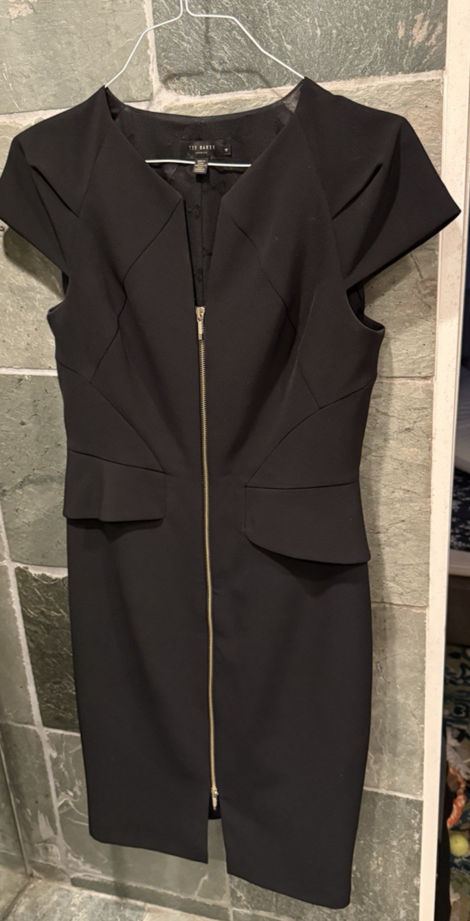 Ted Baker Architectural Pencil Dress Black Cocktail Sheath Gold Zip US 10 Size 4
