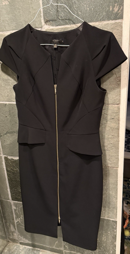 Ted Baker Architectural Pencil Dress Black Cocktail Sheath Gold Zip US 10 Size 4