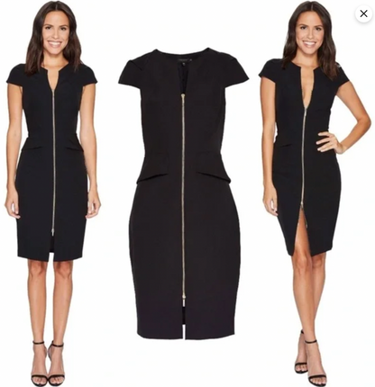 Ted Baker Architectural Pencil Dress Black Cocktail Sheath Gold Zip US 10 Size 4