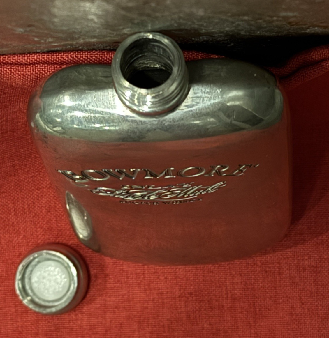 Vtg Bowmore Islay Scotch Whisky Kidney Shaped Hip Flask STAINLESS STEEL 3.4 oz