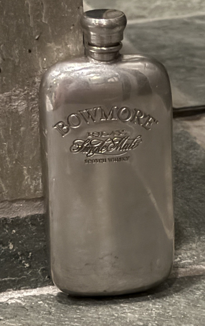 Vtg Bowmore Islay Scotch Whisky Kidney Shaped Hip Flask STAINLESS STEEL 3.4 oz