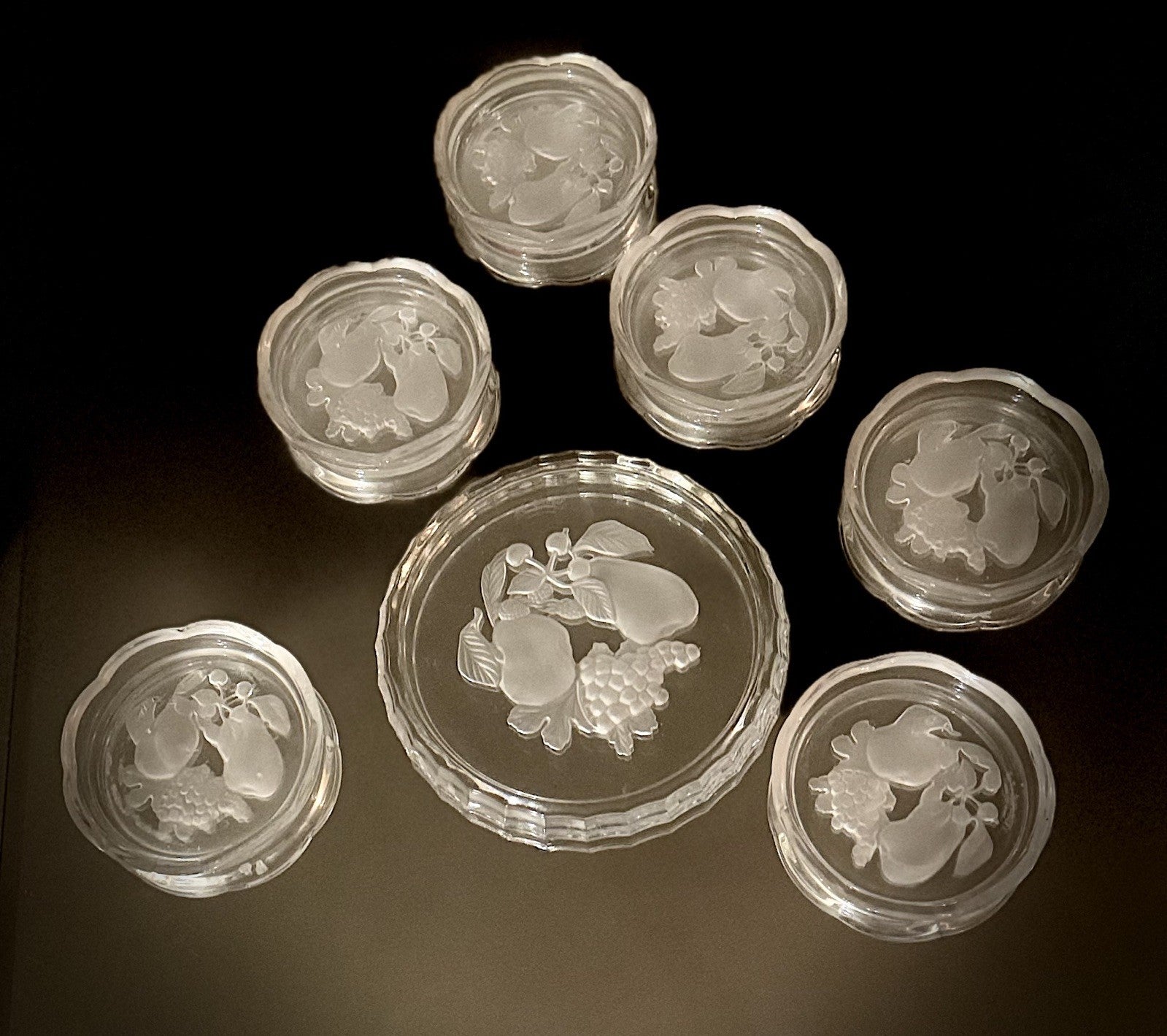 Val St Lambert Brussels Intaglio Crystal Coaster7 Pc Set  For 6 Glass + 1 Bottle