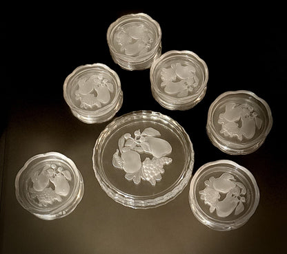 Val St Lambert Brussels Intaglio Crystal Coaster7 Pc Set  For 6 Glass + 1 Bottle