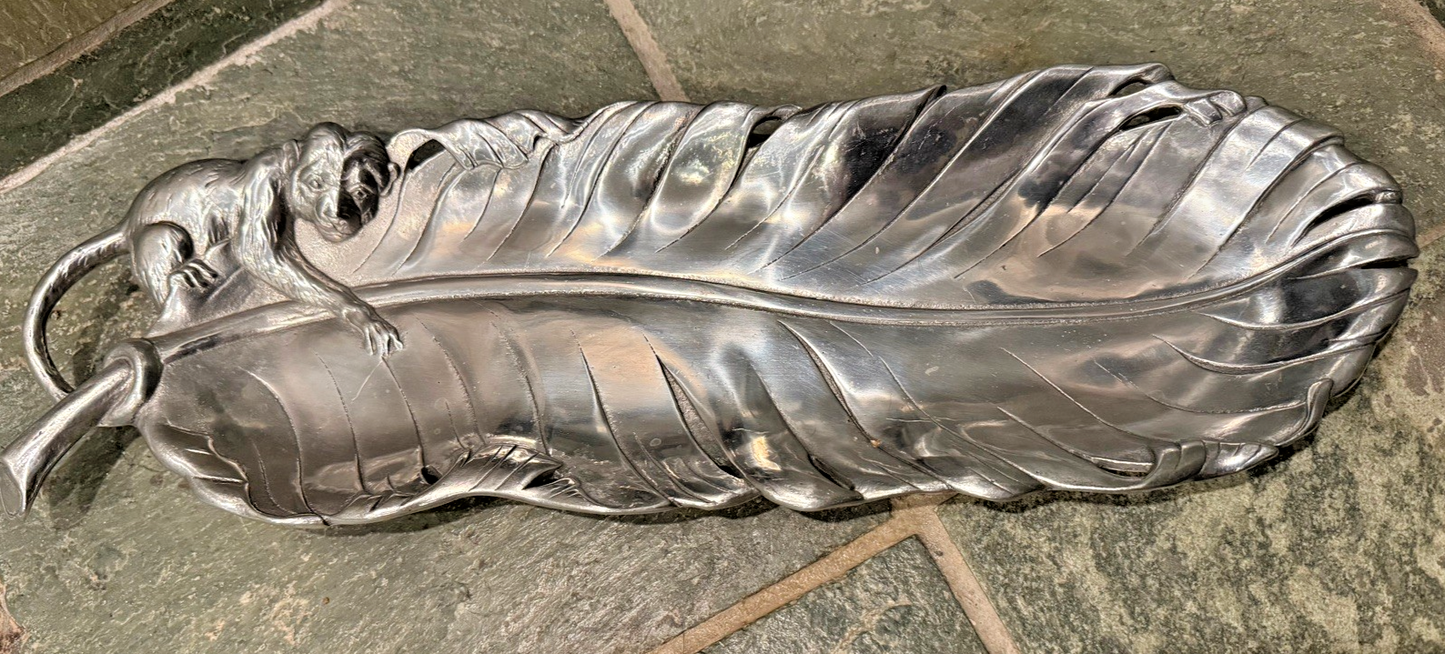 Vintage 1999 Arthur Court Monkey Banana Leaf 19" Long Tray Dish Aluminum