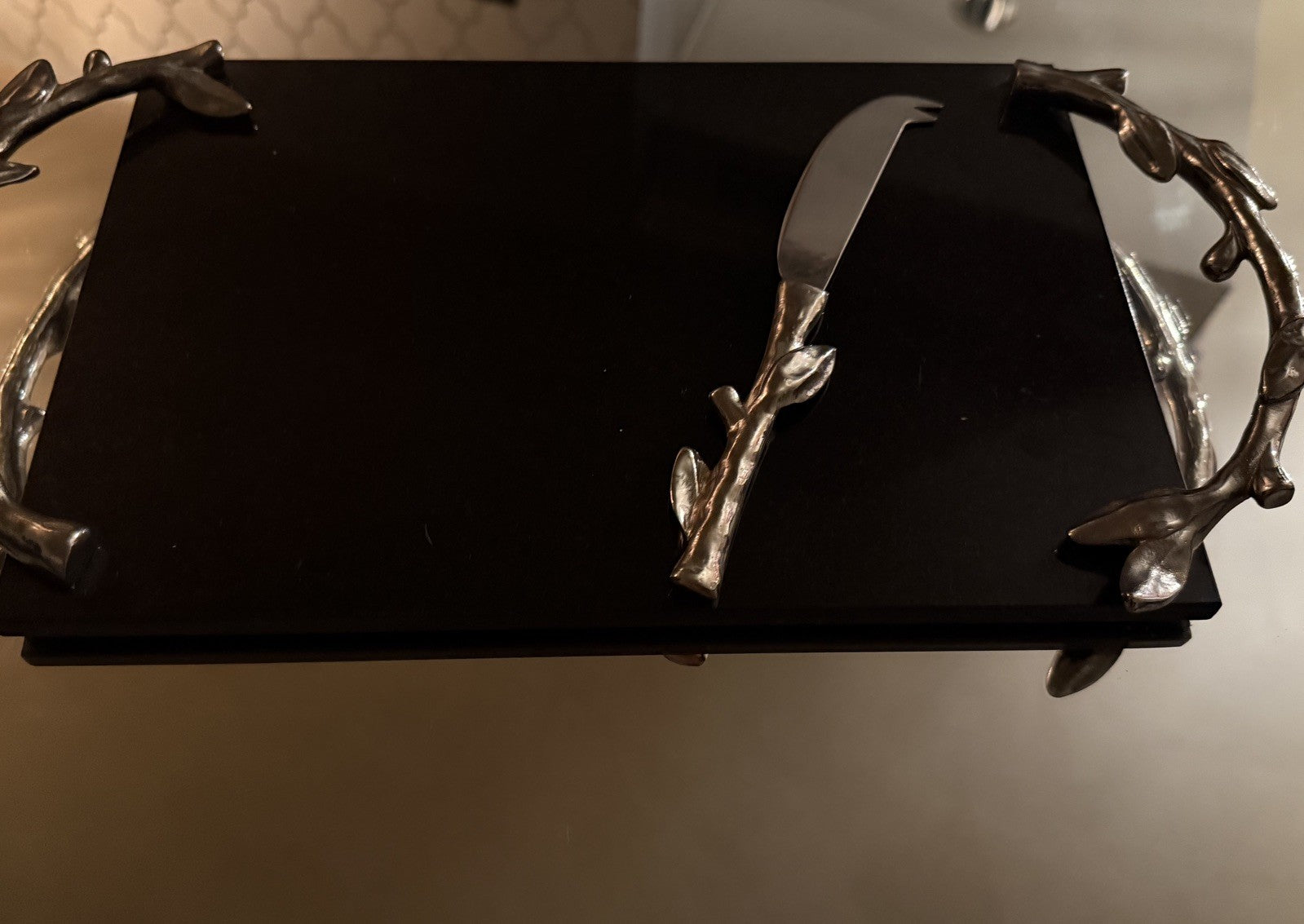 Vintage Arthur Court Black Marble Cheese Board Tray Leaves Silver Handles