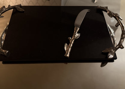 Vintage Arthur Court Black Marble Cheese Board Tray Leaves Silver Handles