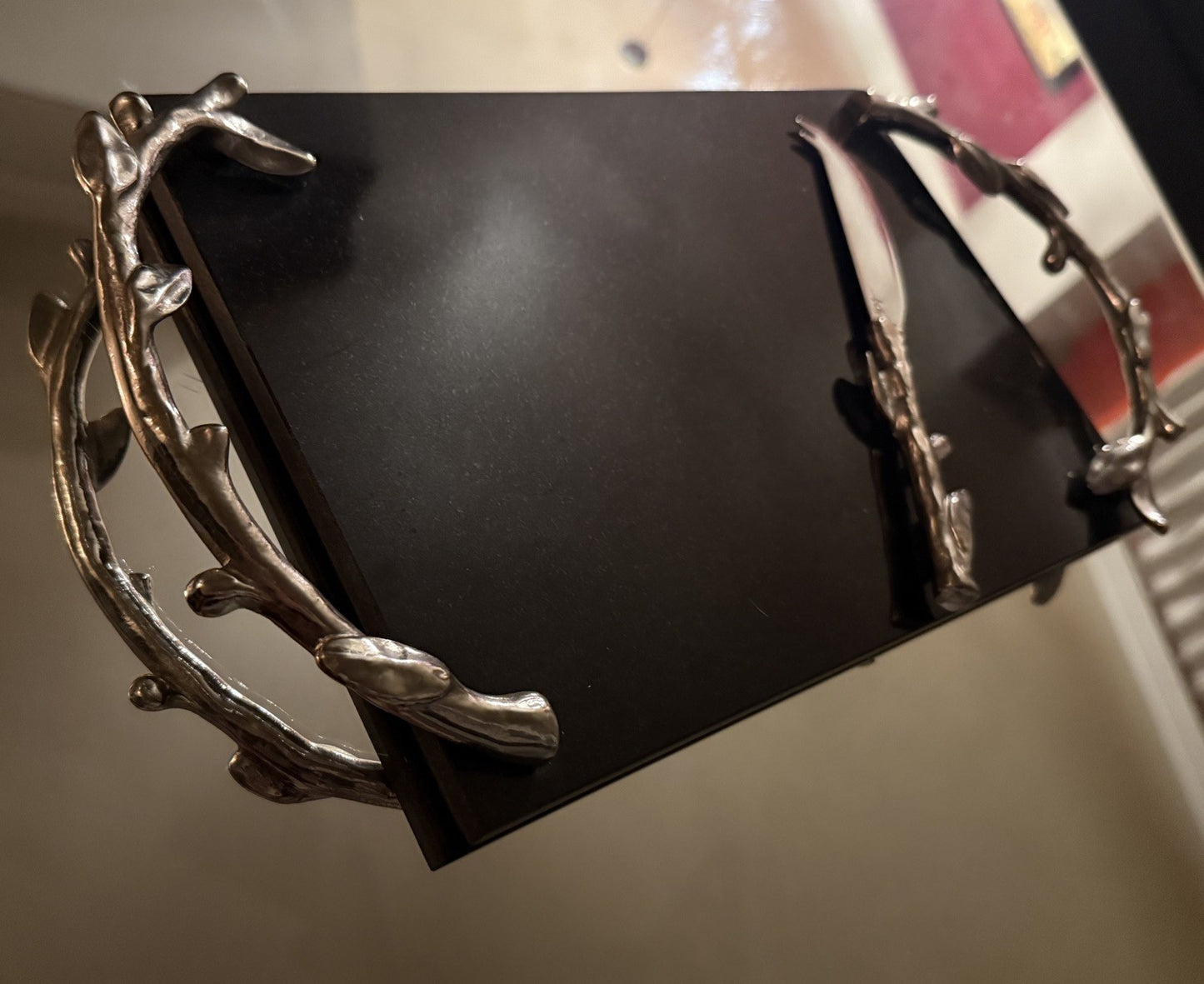 Vintage Arthur Court Black Marble Cheese Board Tray Leaves Silver Handles