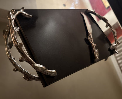 Vintage Arthur Court Black Marble Cheese Board Tray Leaves Silver Handles