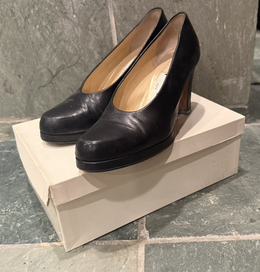 Privilege Paris Black Leather Pumps Heels 38.5 US 8 Vero Cuoio Made Italy