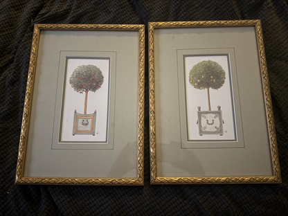 Vintage French Botanical Wall Art Set of 2: Orange & Apple Tree in Gold Frames
