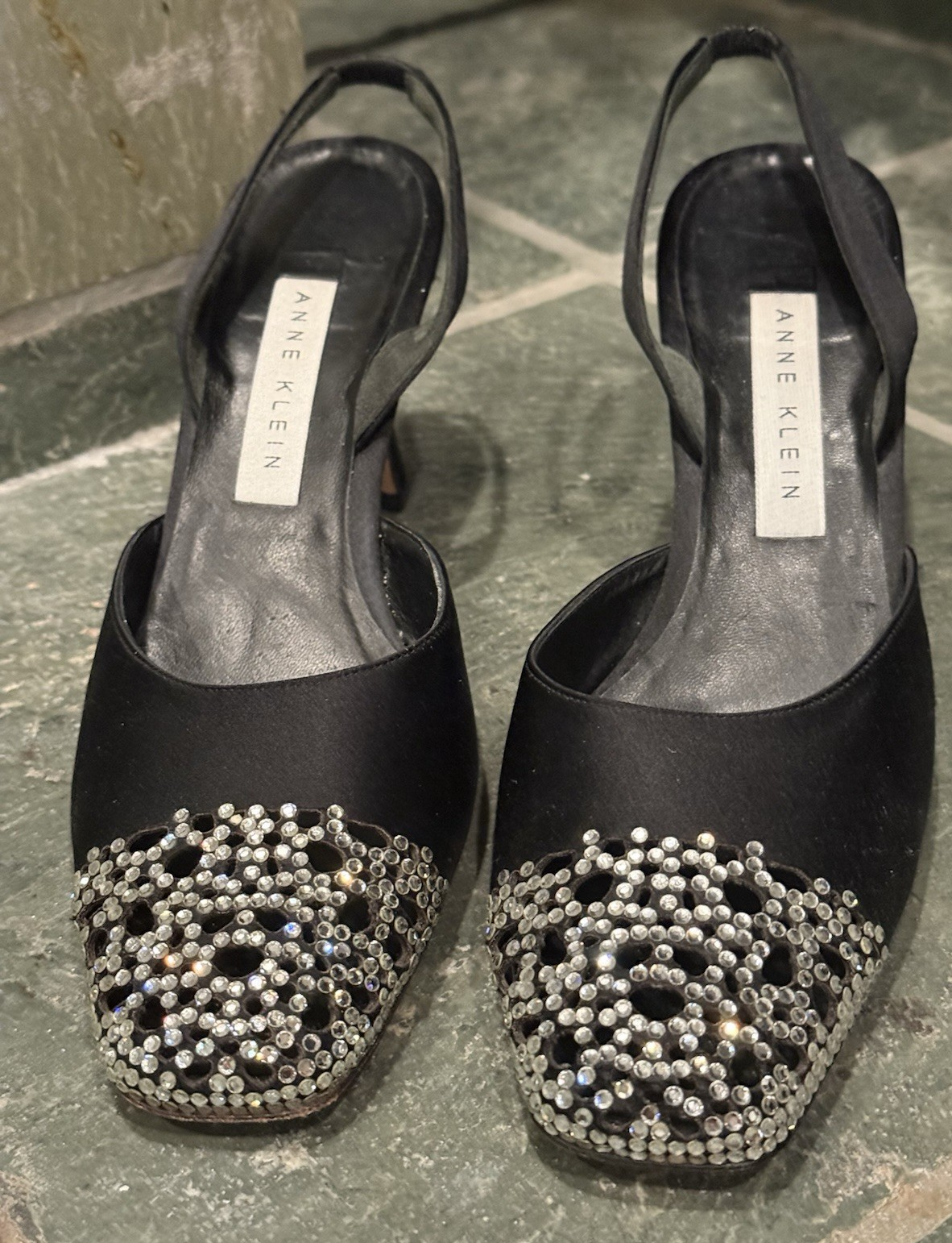 Womens Black Satin Crystal Slingback Heels Size 8 New Year Partu  Formal