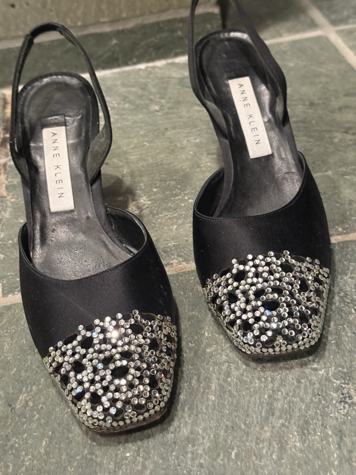 Womens Black Satin Crystal Slingback Heels Size 8 New Year Partu  Formal