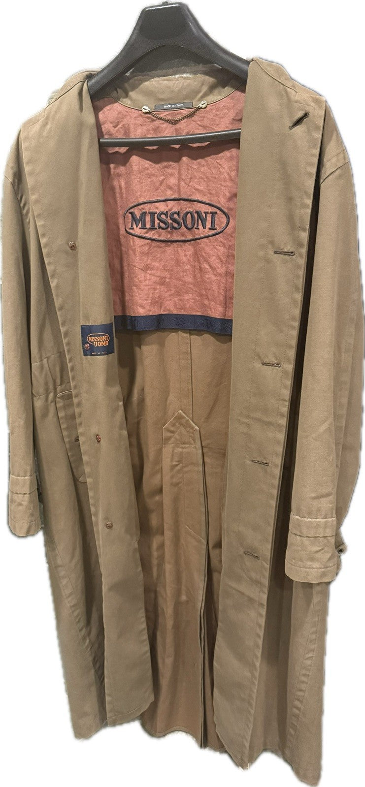Vtg Missoni Uomo Khaki Trench Coat Jacket Belted 100% Cotton Large Italy
