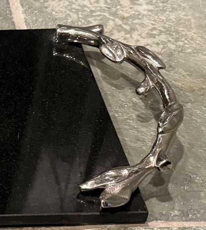 Vintage Arthur Court Black Marble Cheese Board Tray Leaves Silver Handles