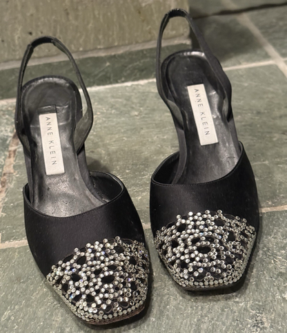 Womens Black Satin Crystal Slingback Heels Size 8 New Year Partu  Formal