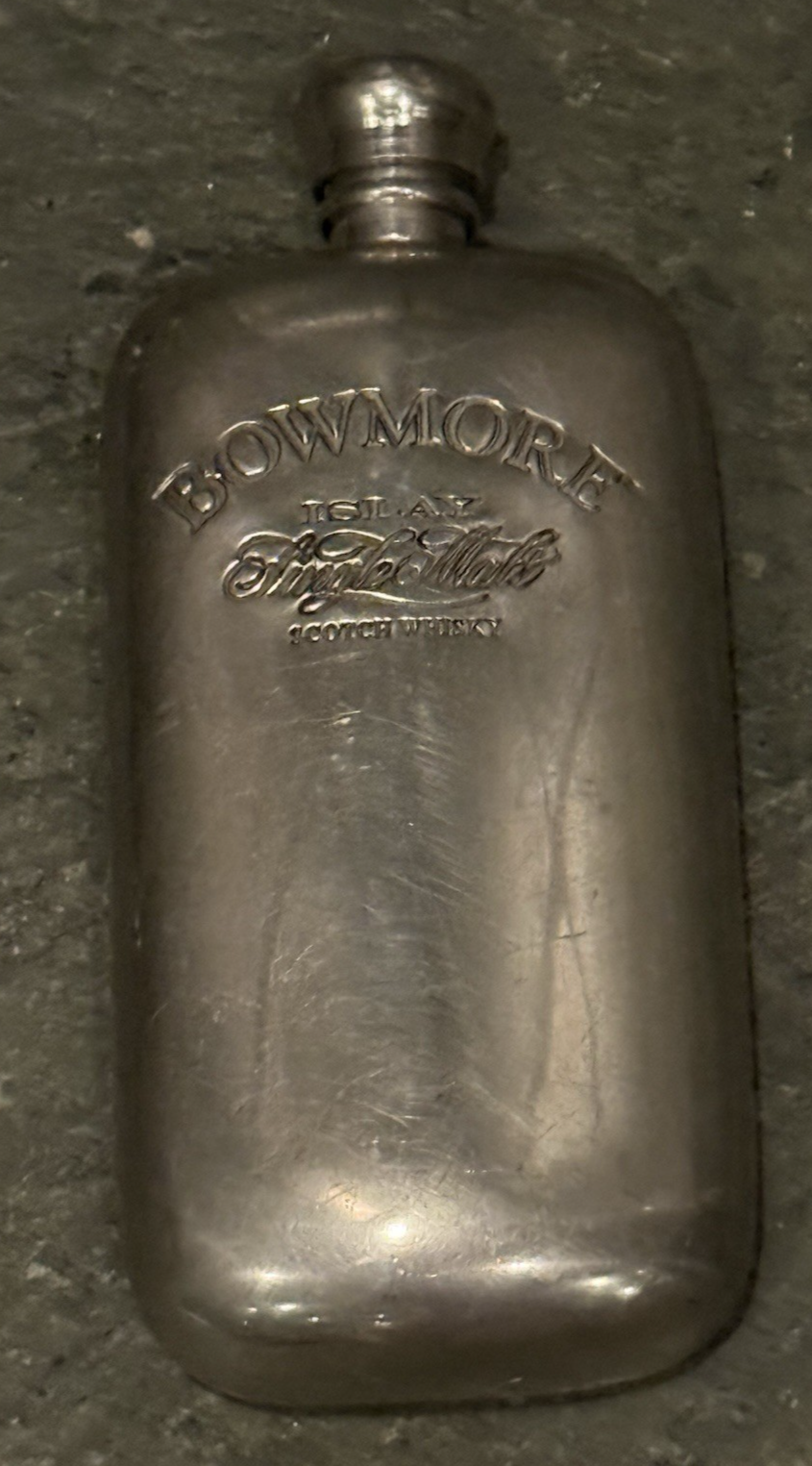 Vtg Bowmore Islay Scotch Whisky Kidney Shaped Hip Flask STAINLESS STEEL 3.4 oz