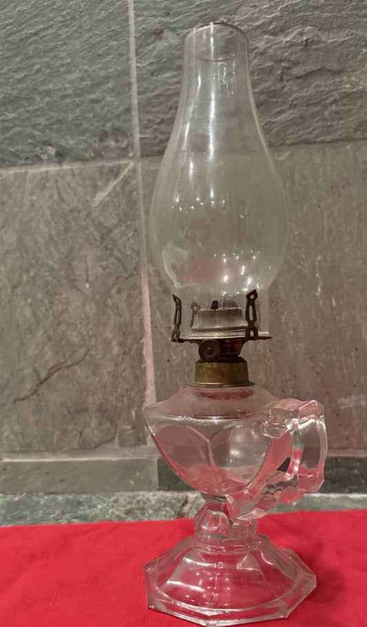 VINTAGE Clear Glass Kerosene Oil Lamp w/ Handle & Chimney 14" Tall Finger Lamp