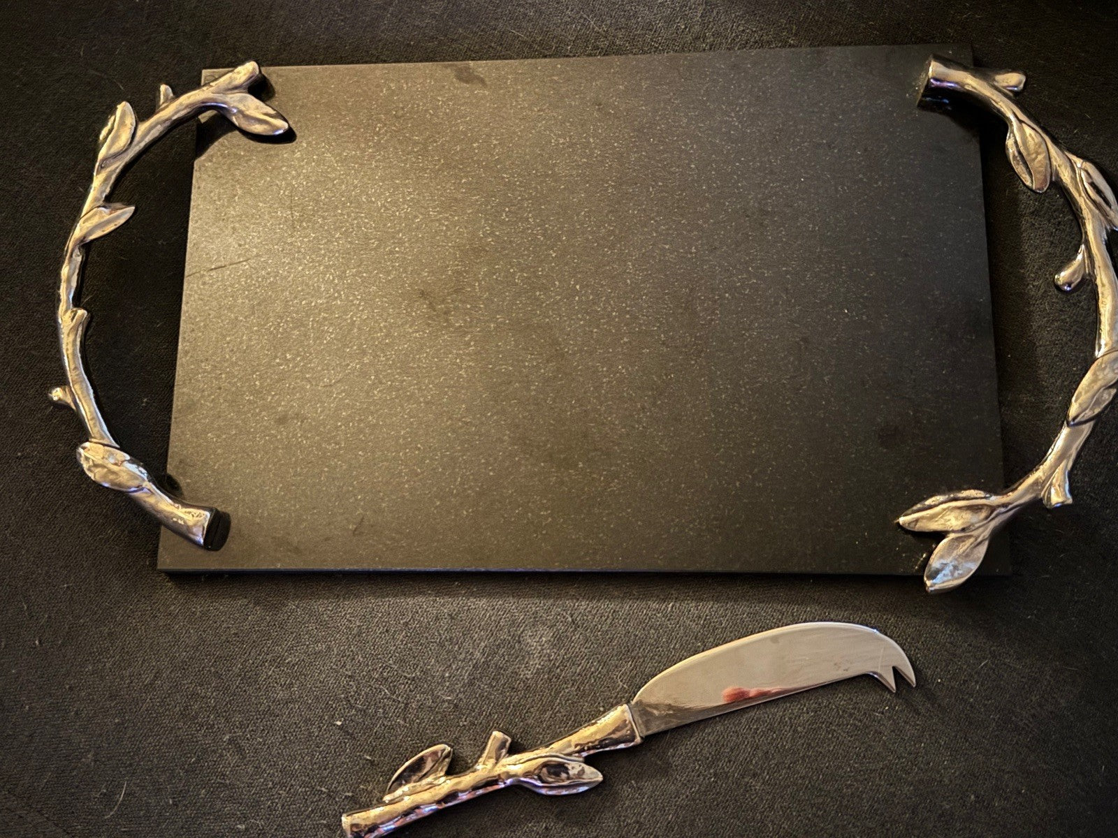 Vintage Arthur Court Black Marble Cheese Board Tray Leaves Silver Handles