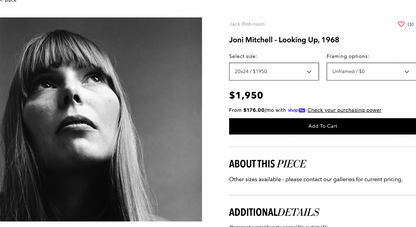 Joni Mitchell "Looking Up" 1968 Jack Robinson VOGUE Photo Print Lg Framed 44.5"