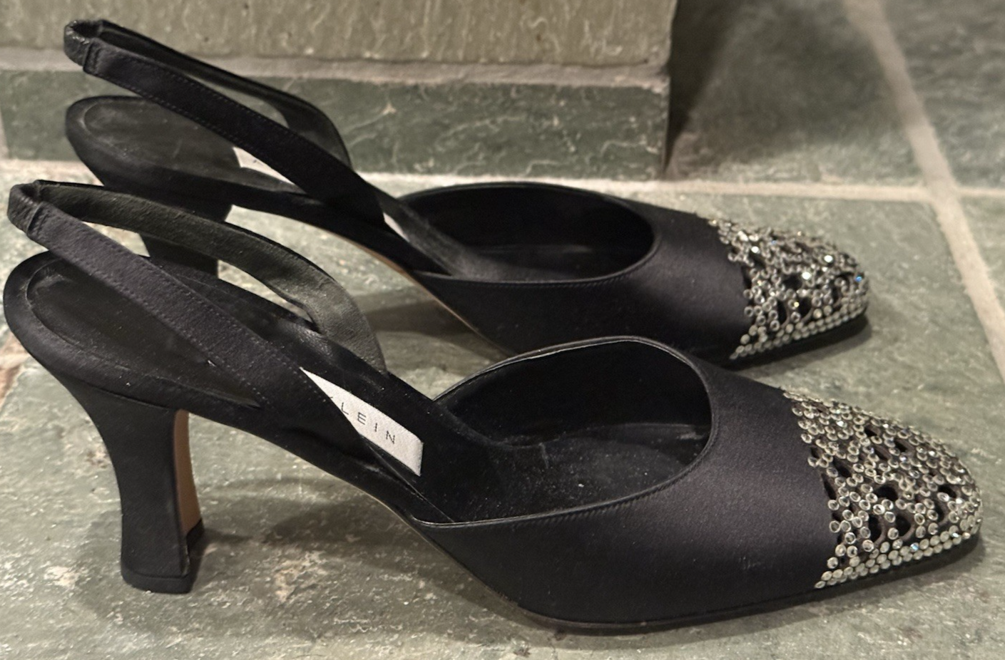 Womens Black Satin Crystal Slingback Heels Size 8 New Year Partu  Formal