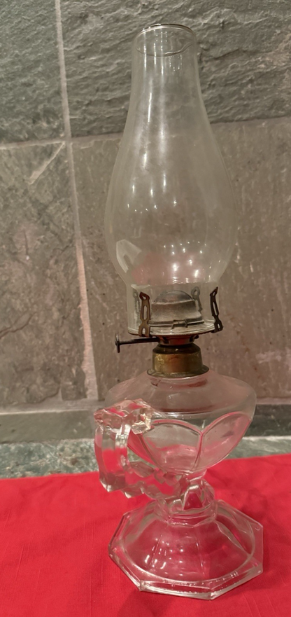 VINTAGE Clear Glass Kerosene Oil Lamp w/ Handle & Chimney 14" Tall Finger Lamp