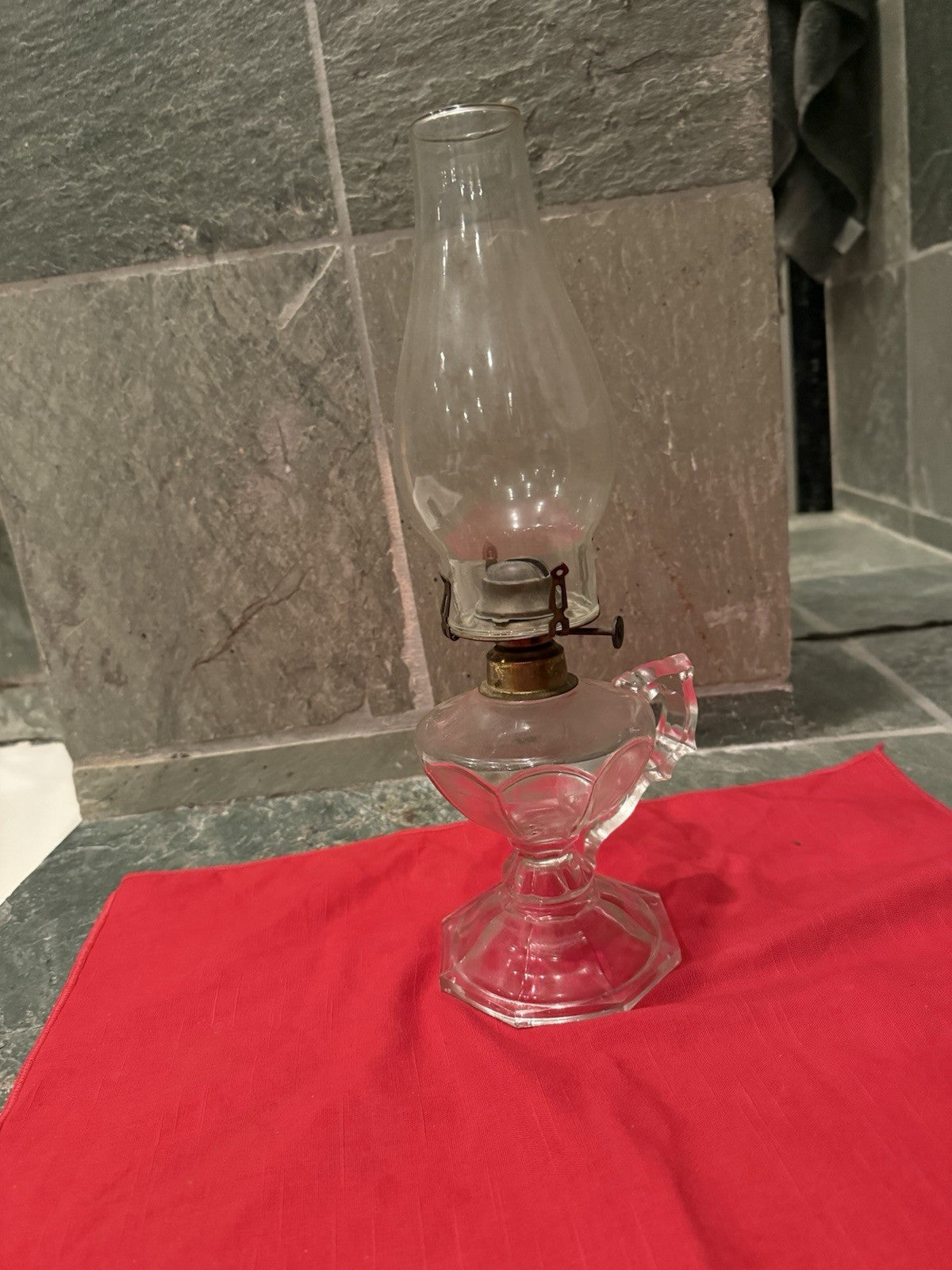 VINTAGE Clear Glass Kerosene Oil Lamp w/ Handle & Chimney 14" Tall Finger Lamp