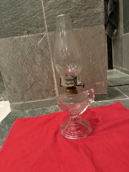 VINTAGE Clear Glass Kerosene Oil Lamp w/ Handle & Chimney 14" Tall Finger Lamp