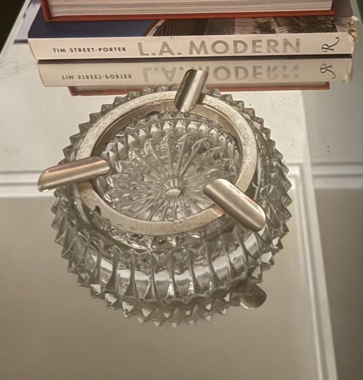 Vintage Hollywood Regency Crystal Chrome Wall Mount Ashtray 1940s Art Deco 