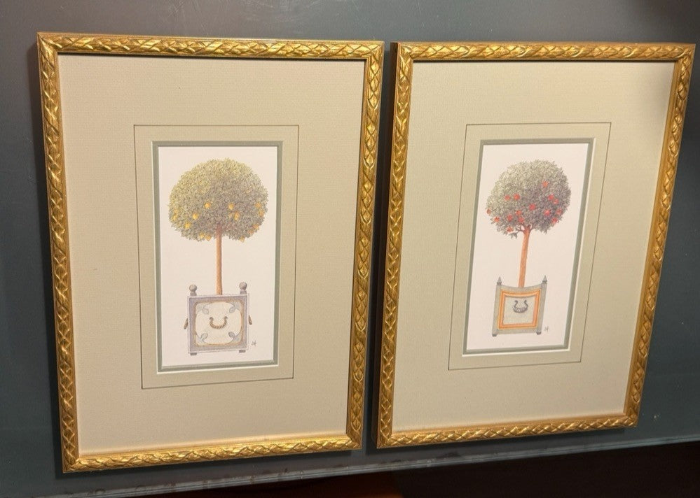 Vintage French Botanical Wall Art Set of 2: Orange & Apple Tree in Gold Frames