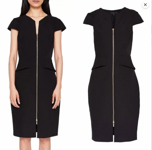 Ted Baker Architectural Pencil Dress Black Cocktail Sheath Gold Zip US 10 Size 4