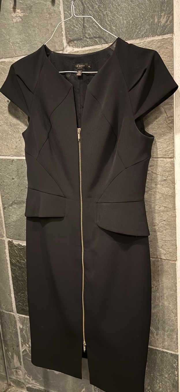 Ted Baker Architectural Pencil Dress Black Cocktail Sheath Gold Zip US 10 Size 4