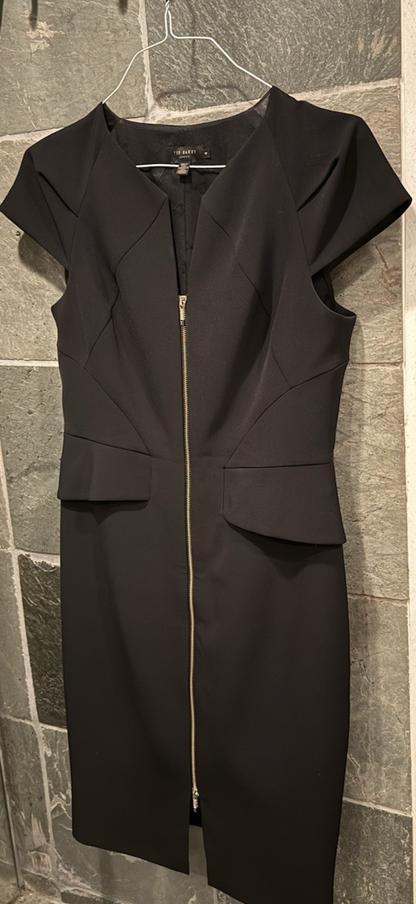 Ted Baker Architectural Pencil Dress Black Cocktail Sheath Gold Zip US 10 Size 4