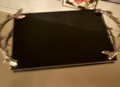 Vintage Arthur Court Black Marble Cheese Board Tray Leaves Silver Handles