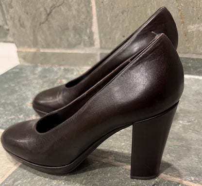 Calvin Klein Dark Brown Pumps Calfskin Leather Block Heels 8M Round Toe w/ Box