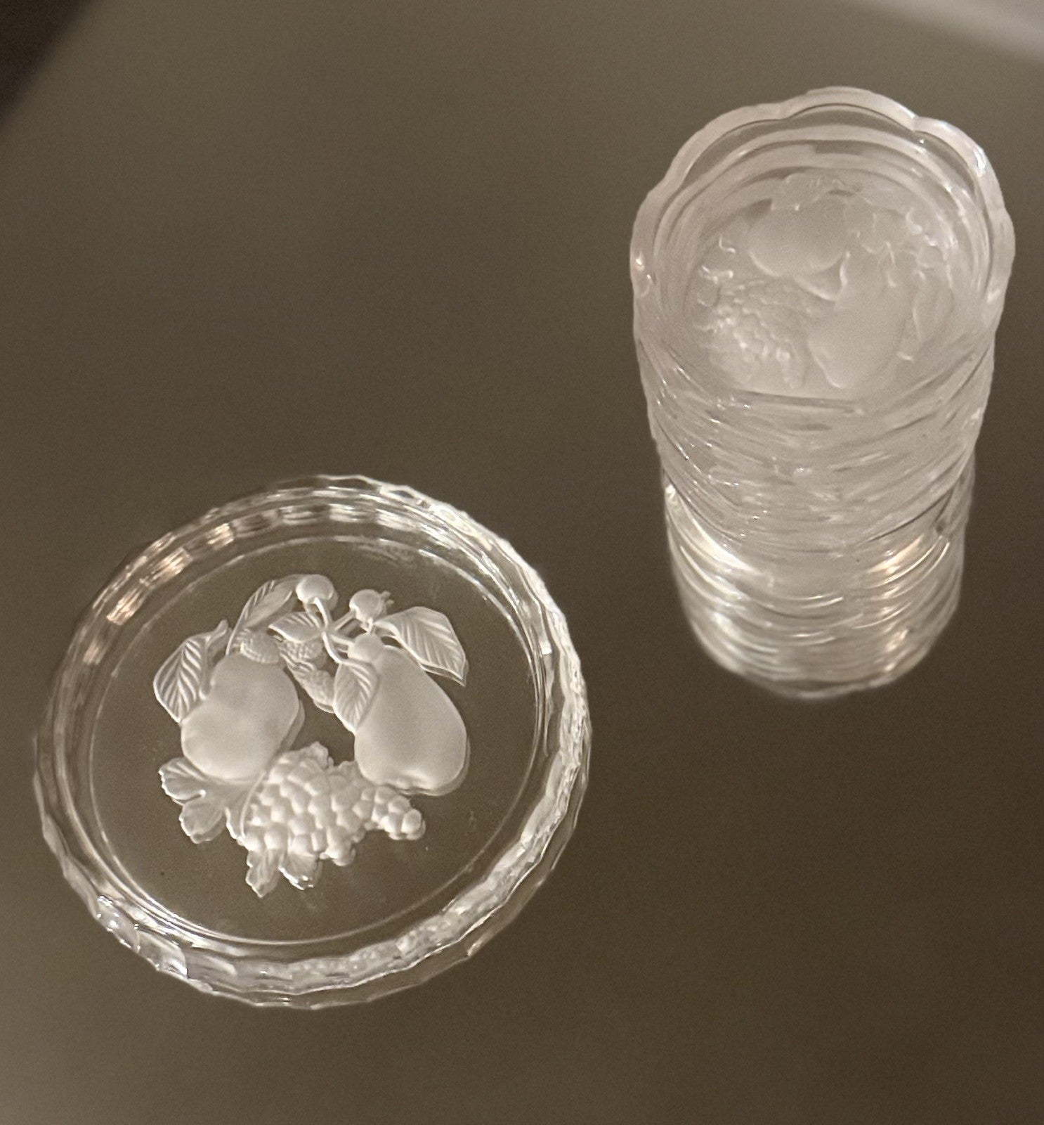 Val St Lambert Brussels Intaglio Crystal Coaster7 Pc Set  For 6 Glass + 1 Bottle