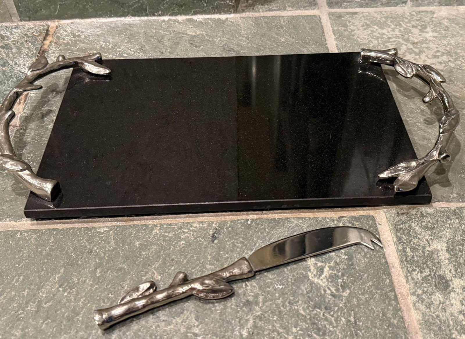 Vintage Arthur Court Black Marble Cheese Board Tray Leaves Silver Handles