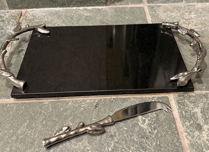 Vintage Arthur Court Black Marble Cheese Board Tray Leaves Silver Handles