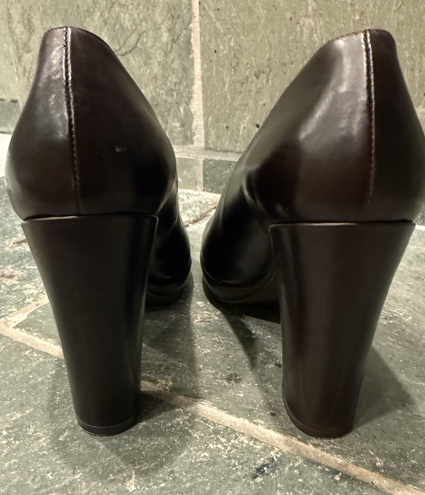Calvin Klein Dark Brown Pumps Calfskin Leather Block Heels 8M Round Toe w/ Box