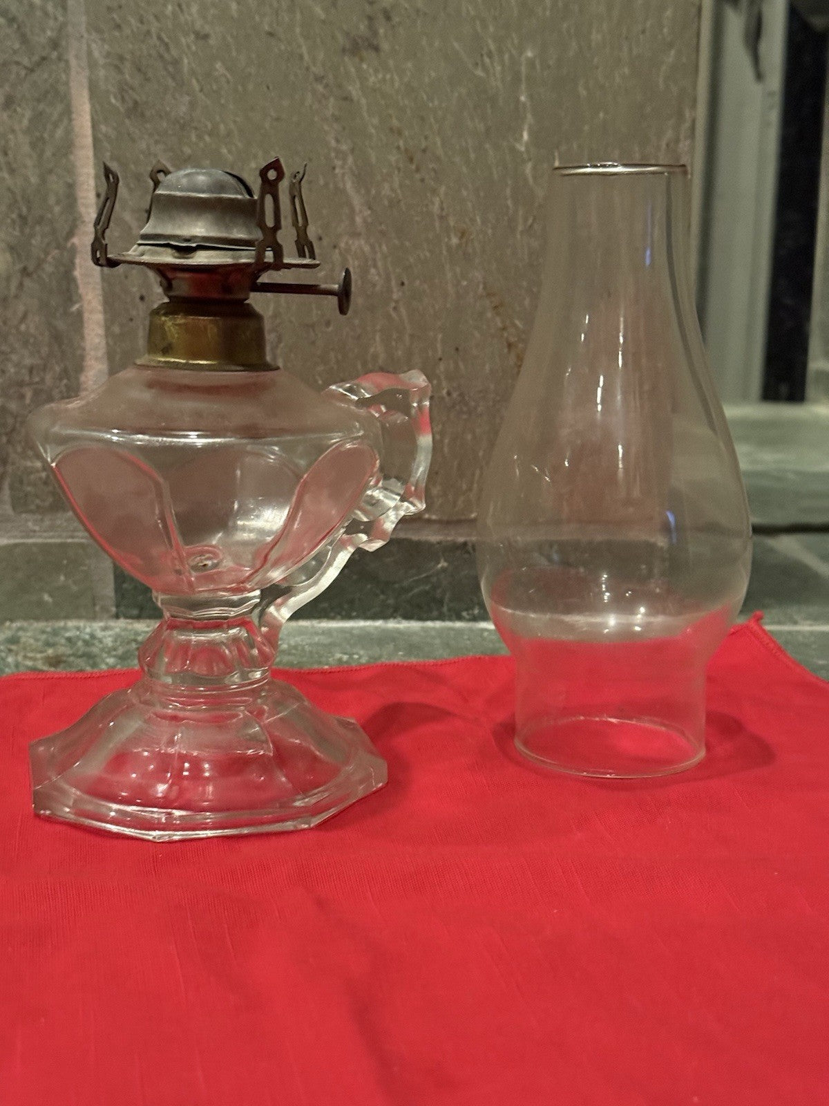 VINTAGE Clear Glass Kerosene Oil Lamp w/ Handle & Chimney 14" Tall Finger Lamp
