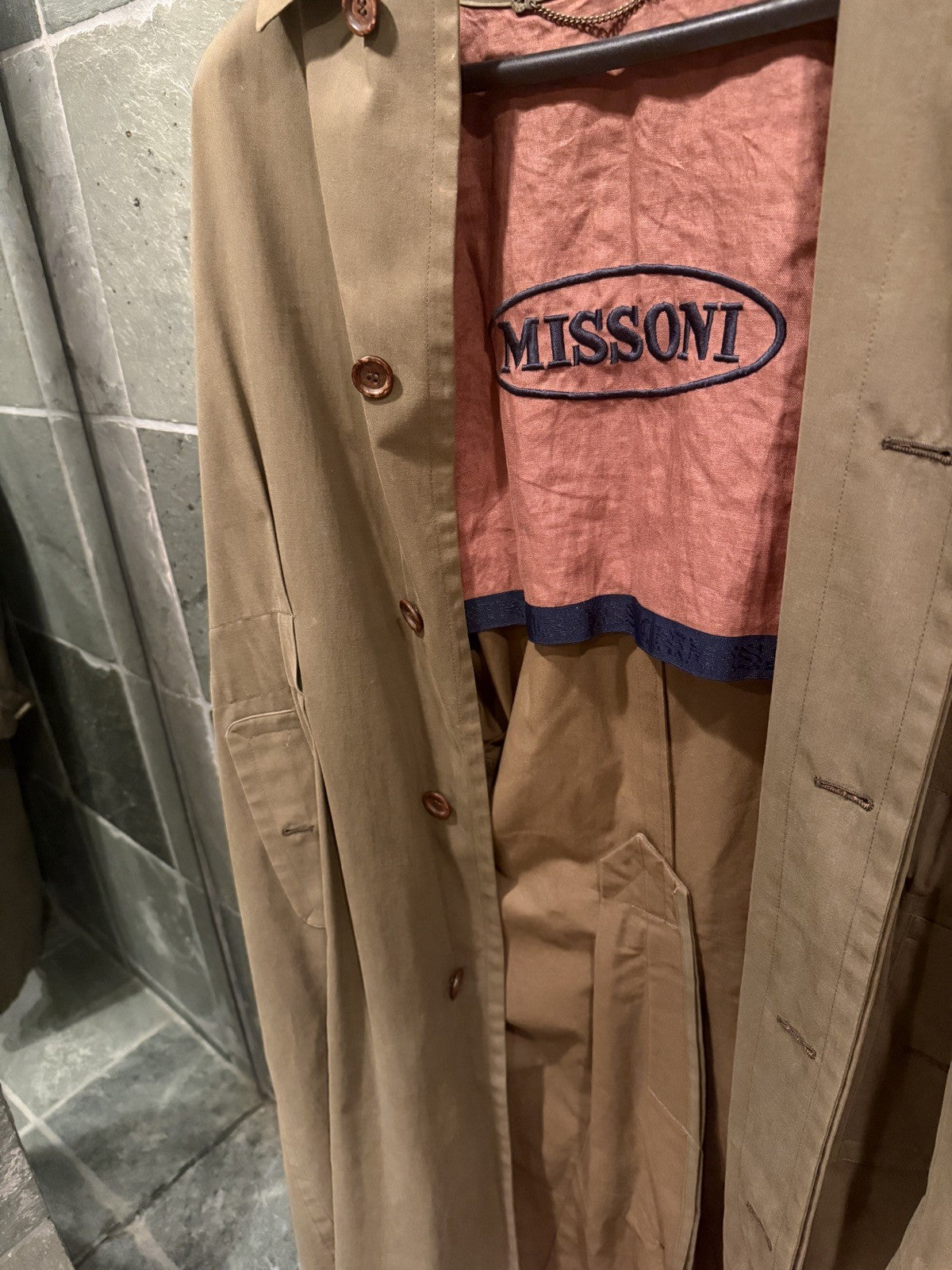 Vtg Missoni Uomo Khaki Trench Coat Jacket Belted 100% Cotton Large Italy