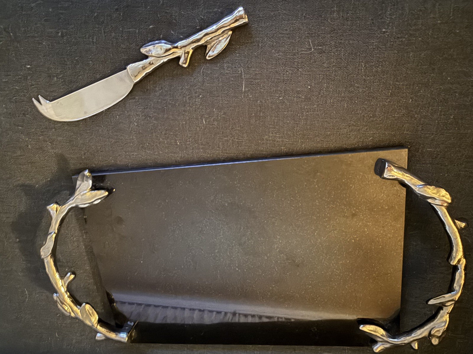 Vintage Arthur Court Black Marble Cheese Board Tray Leaves Silver Handles