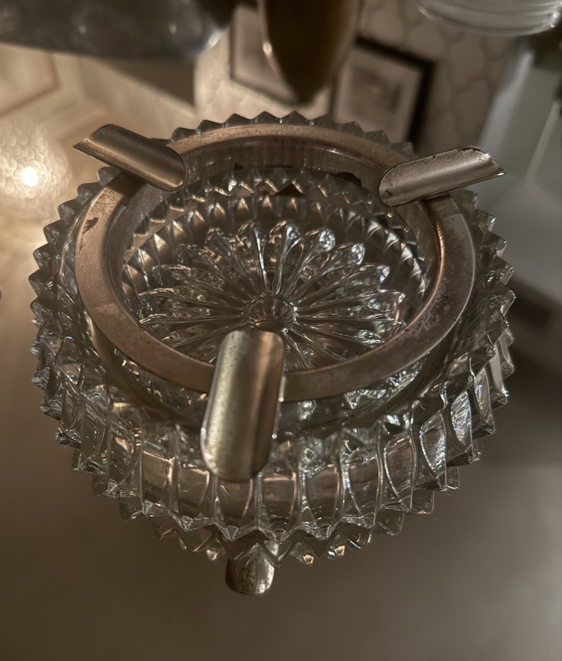 Vintage Hollywood Regency Crystal Chrome Wall Mount Ashtray 1940s Art Deco 