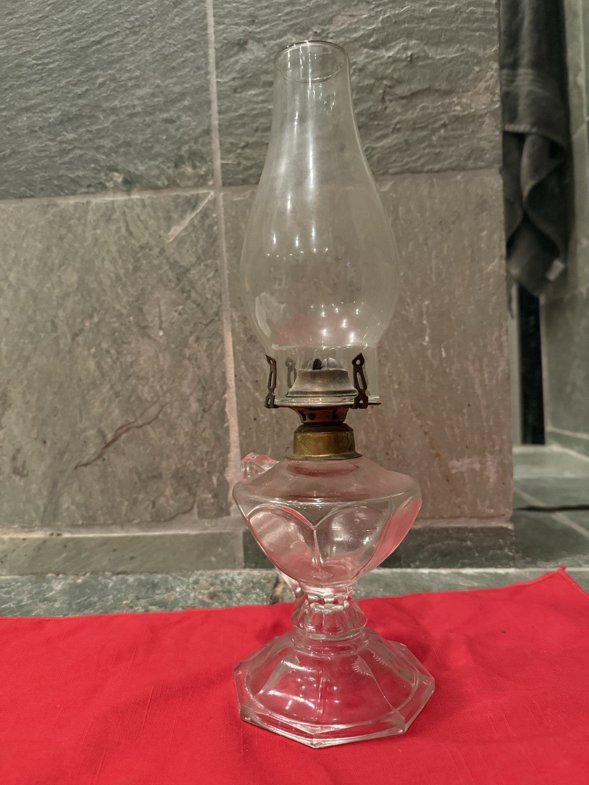 VINTAGE Clear Glass Kerosene Oil Lamp w/ Handle & Chimney 14" Tall Finger Lamp